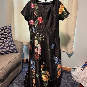 eshakti Black Floral V-Neck Evening Dress with Red, Yellow, Pink, Blue Flowers